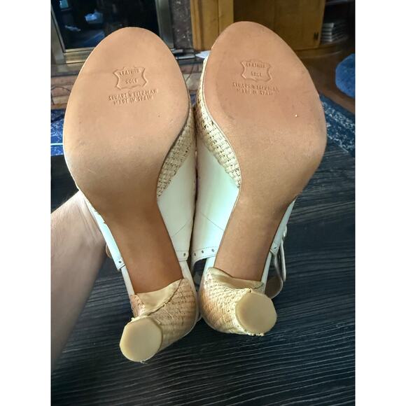 Stuart Weitzman Ivory Leather and Raffia Platform Sling Back Heel Sz. 8M - Picture 4 of 9